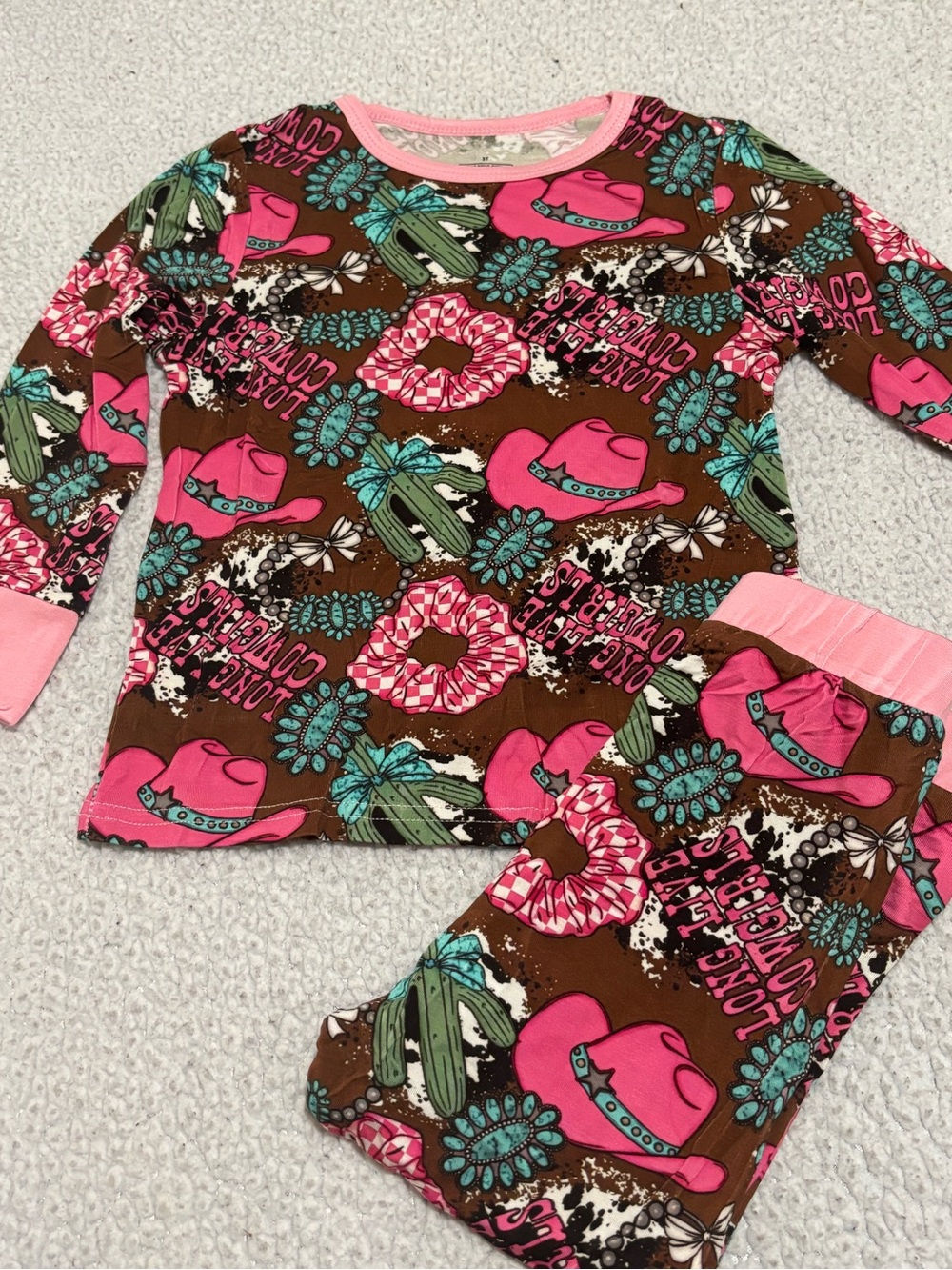 Bamboo Kids Long Sleeve Pajama Set - Pink & Brown Cowboy Print